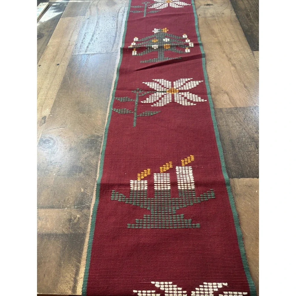 Vintage Christmas Woven Folk Art Table Runner Red‎ Green Poinsettia Candle 9x74